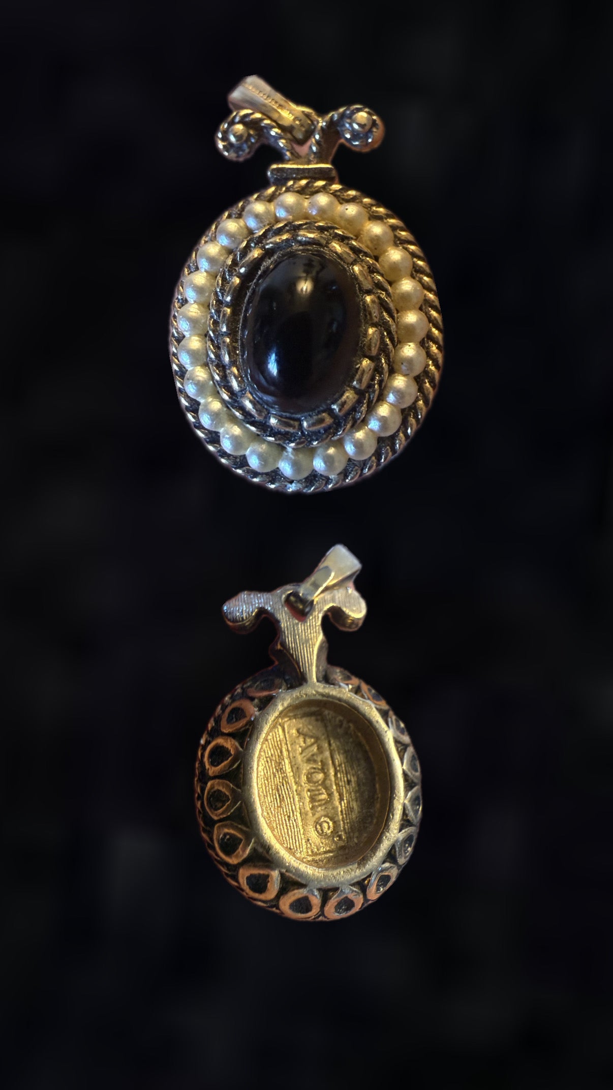 Vintage Avon black cab seed pearls gold tone pendant